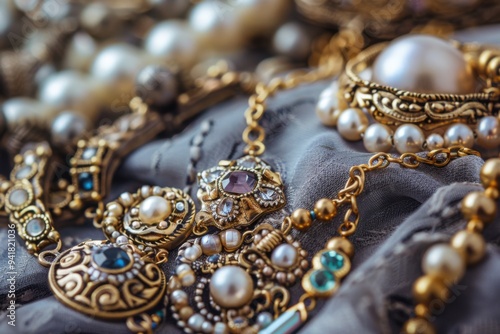 Close up of a necklace, bracelet, ring, and pearls on cloth