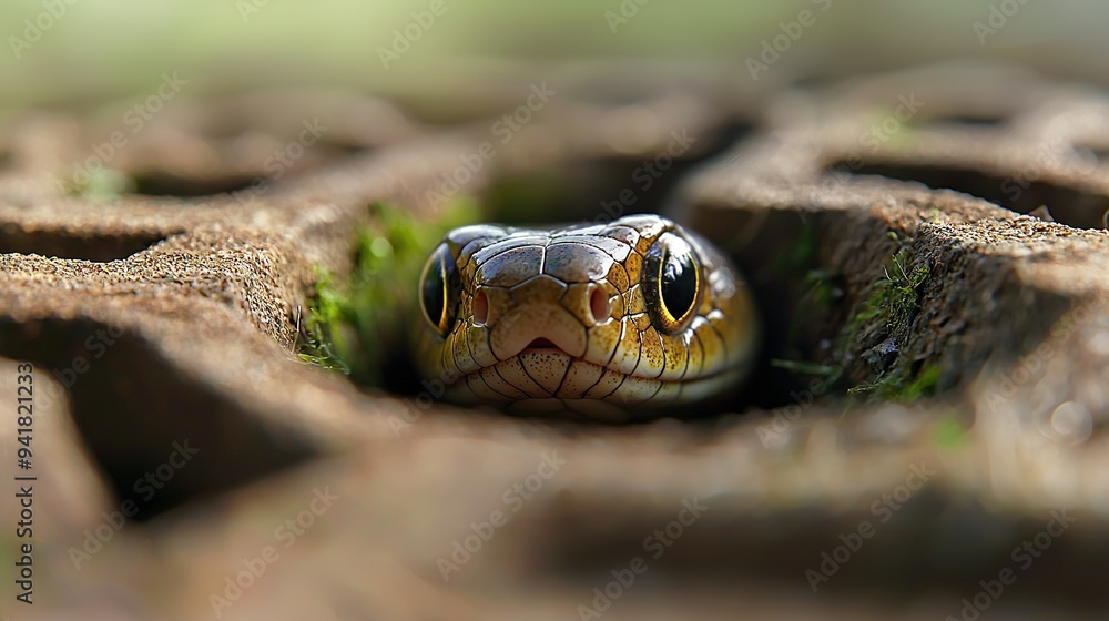 A close-up of a snake's head emerging from a crack in a brick wall, with grass growing out of it A close-up of a snake's head emerging from a crack in a brick wall, with grass growing out of it