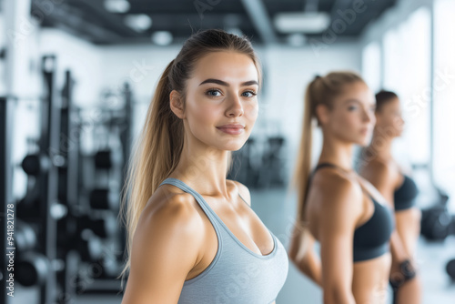 A group of confident women in workout attire exercise together in a modern gym