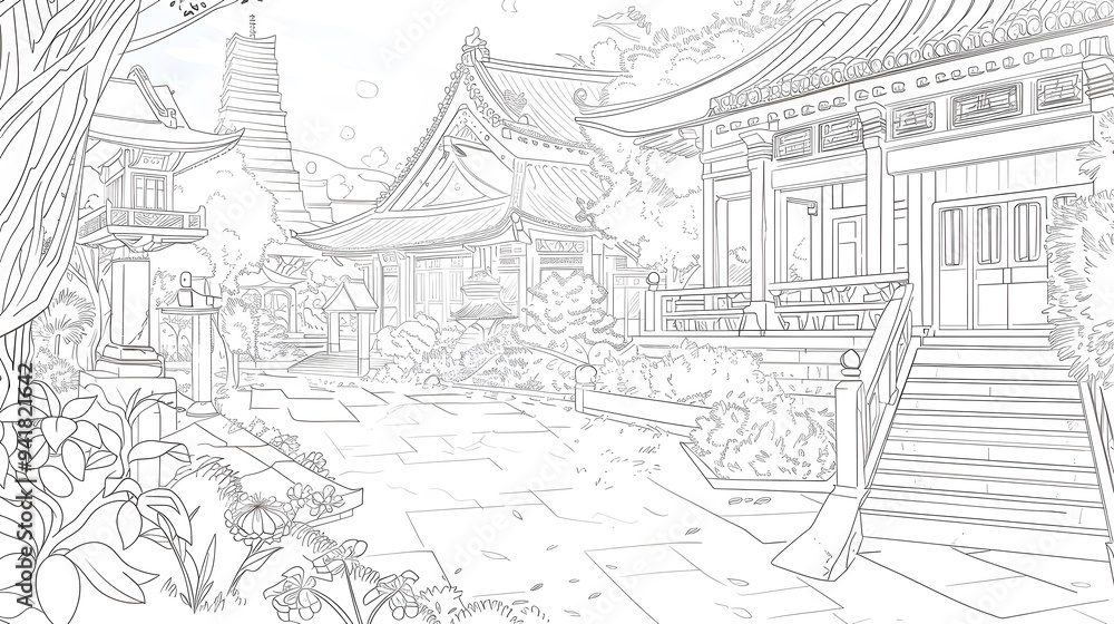 Obraz premium Hand Drawn Sketch Line Art Draft that showcases of Misty Japanese Temple and Garden and Chinese Temple with Cherry Blossoms at Riverside in the Morning