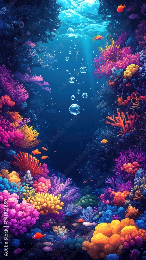 Naklejka premium Vibrant Underwater Coral Reef with Orange Fish and Air Bubbles