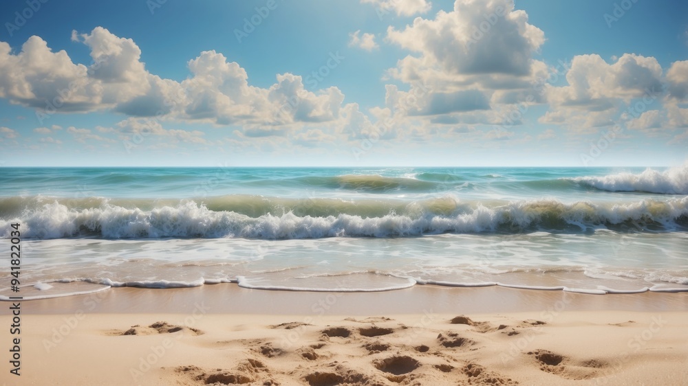A sandy beach with an incoming wave and a blue sky dotted with white clouds. A sandy beach with an incoming wave and a blue sky dotted with white clouds.