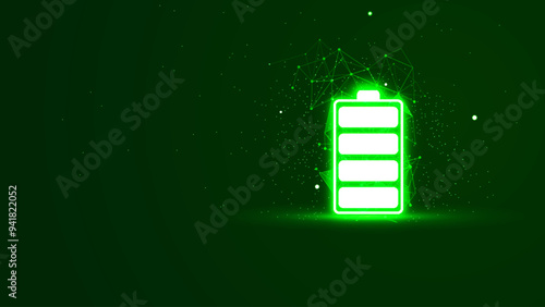 Fully charged battery illustration in the green neon light style. Futuristic glowing battery symbol with plexus lines and glitter particles. 3D abstract low poly copy space in the dark background