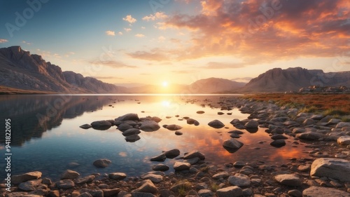 Sunrise Over Rocky Landscape with a Serene Lake. photo