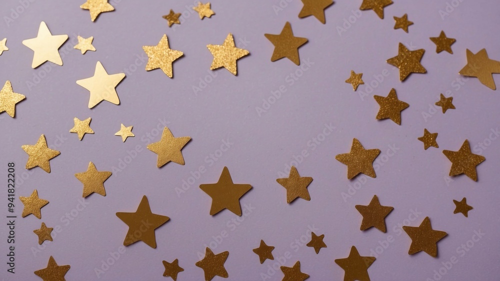 flat lay of gold foil shiny star shaped confetti and glitter scattered on a pastel purple background. flat lay of gold foil shiny star shaped confetti and glitter scattered on a pastel purple background.