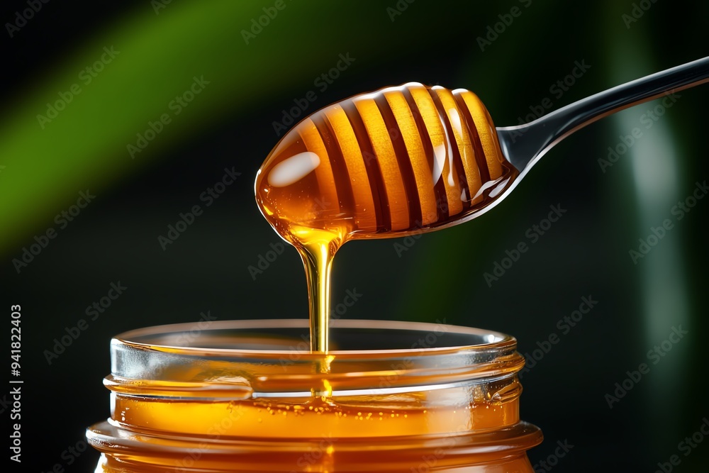 A spoon dipping into a jar of honey, with the rich, golden syrup clinging to the spoon as it's lifted out