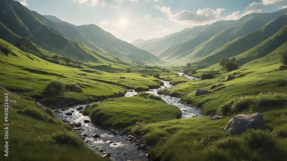 A lush green valley's stream runs through hills and grass-covered expanse. A lush green valley's stream runs through hills and grass-covered expanse.