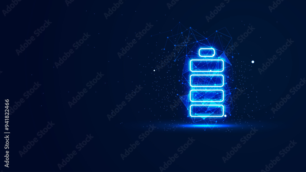 Futuristic glowing battery symbol with plexus lines and glitter particles. Power energy illustration in the blue neon light style. 3D abstract low poly copy space in the dark background Futuristic glowing battery symbol with plexus lines and glitter particles. Power energy illustration in the blue neon light style. 3D abstract low poly copy space in the dark background