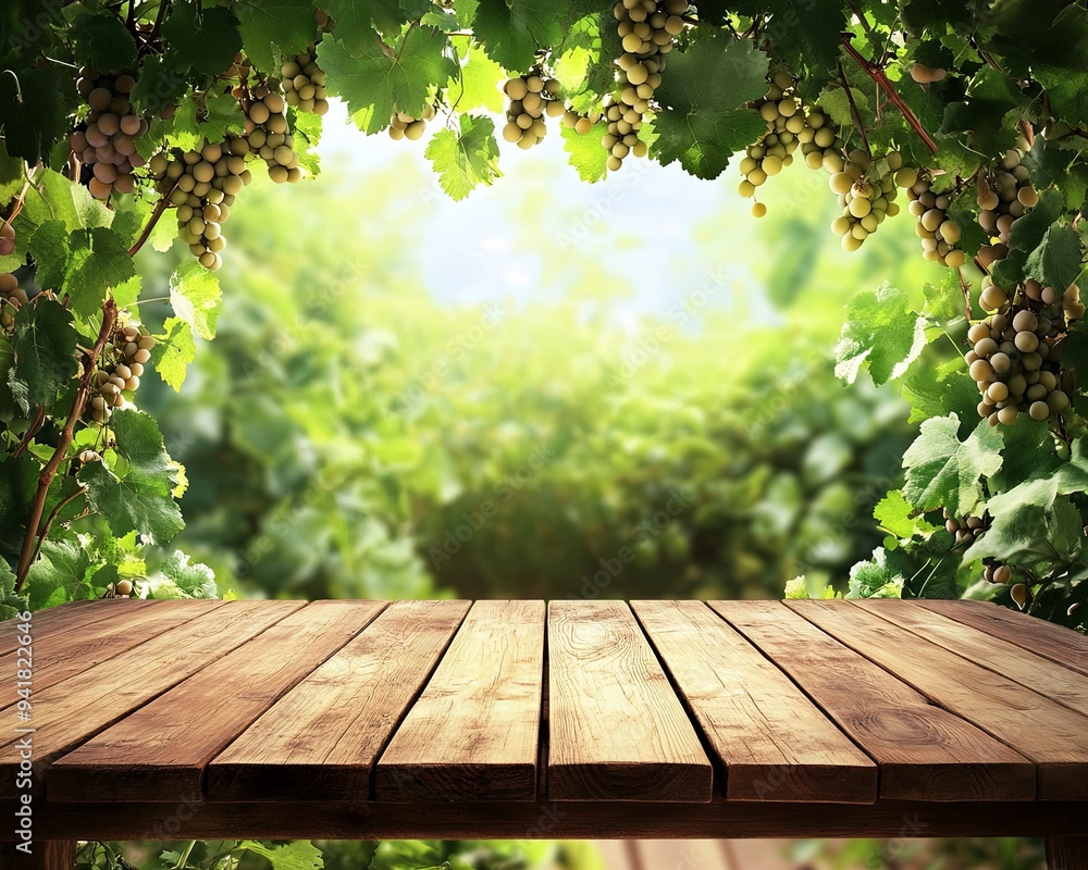 Background of green garden, grapevine and wooden table. Background of green garden, grapevine and wooden table.