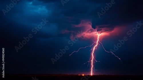 A dramatic lightning storm at night, with bolts of lightning illuminating the sky and thunder rumbling in the distance