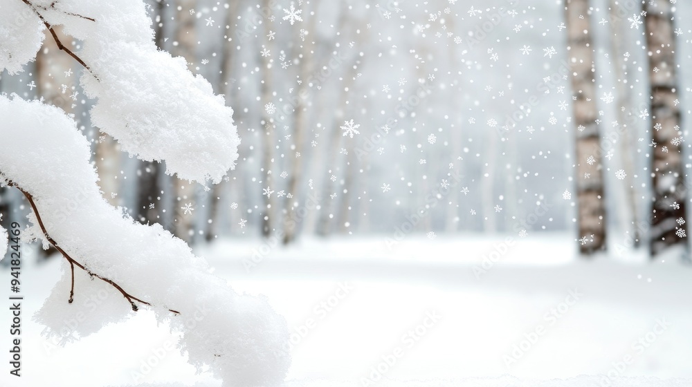 A gentle snowfall in a quiet forest, with snowflakes softly settling on the trees and ground A gentle snowfall in a quiet forest, with snowflakes softly settling on the trees and ground
