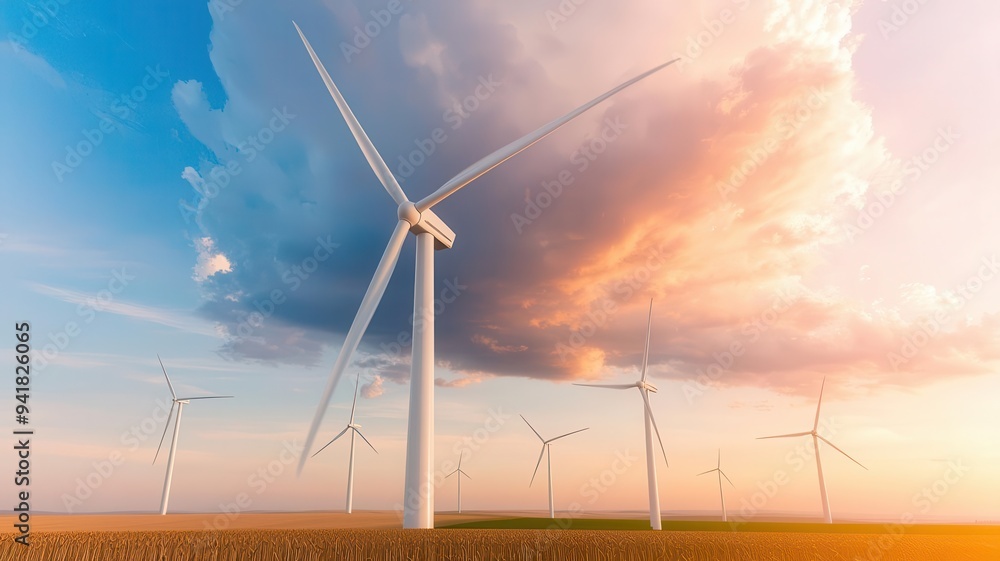 Fototapeta premium A field of wind turbines spinning under a changing sky, with clouds transitioning from clear to stormy, photorealistic, hyper-resolution, energy and meteorology connection