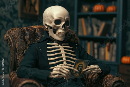 A skeleton sits in a vintage chair, holding an old photograph, surrounded by autumn decorations, capturing a spooky atmosphere.