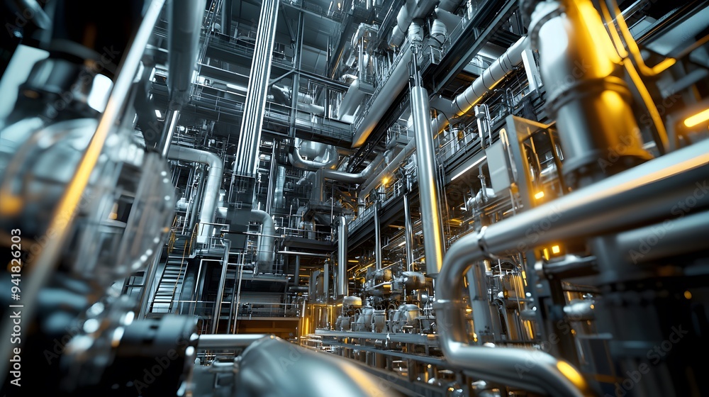 Depiction of an industrial plant with numerous pipes and machinery, showcasing the advanced technology used in oil production Depiction of an industrial plant with numerous pipes and machinery, showcasing the advanced technology used in oil production