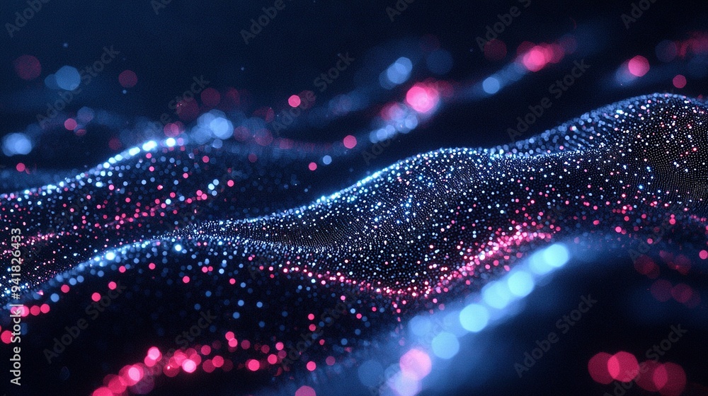 A photo of a wave illuminated by pink and blue lights at its center appears hazy A photo of a wave illuminated by pink and blue lights at its center appears hazy