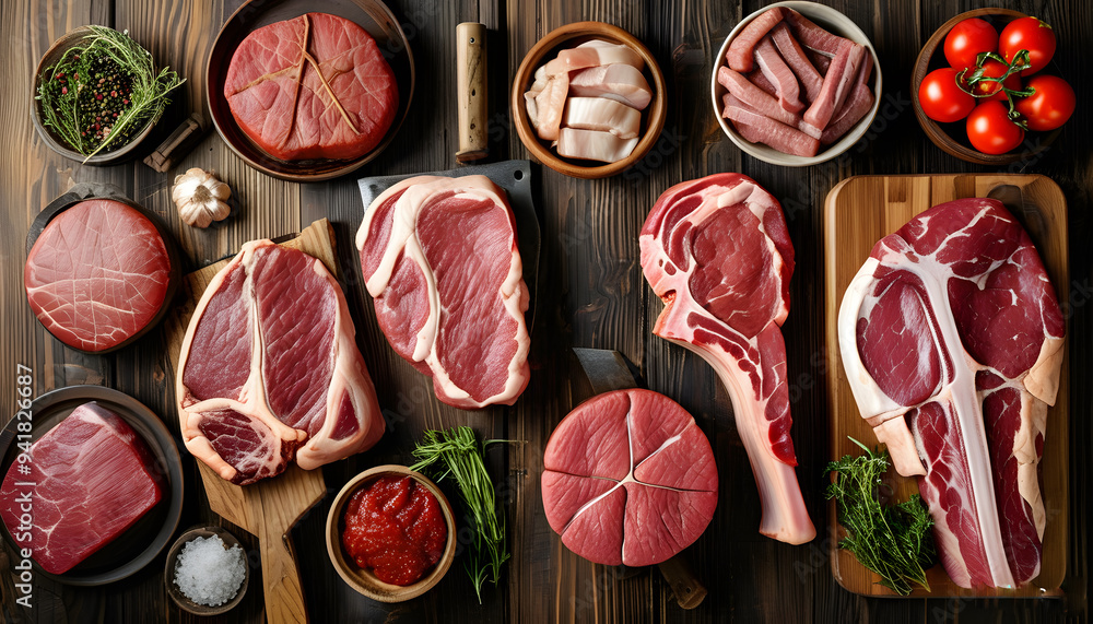 Set of various raw meats, chateau mignon veal steak, t-bonnet, tomahawk, striploin, tenderloin, tenderloin, Flat top view on wooden cutting table Set of various raw meats, chateau mignon veal steak, t-bonnet, tomahawk, striploin, tenderloin, tenderloin, Flat top view on wooden cutting table