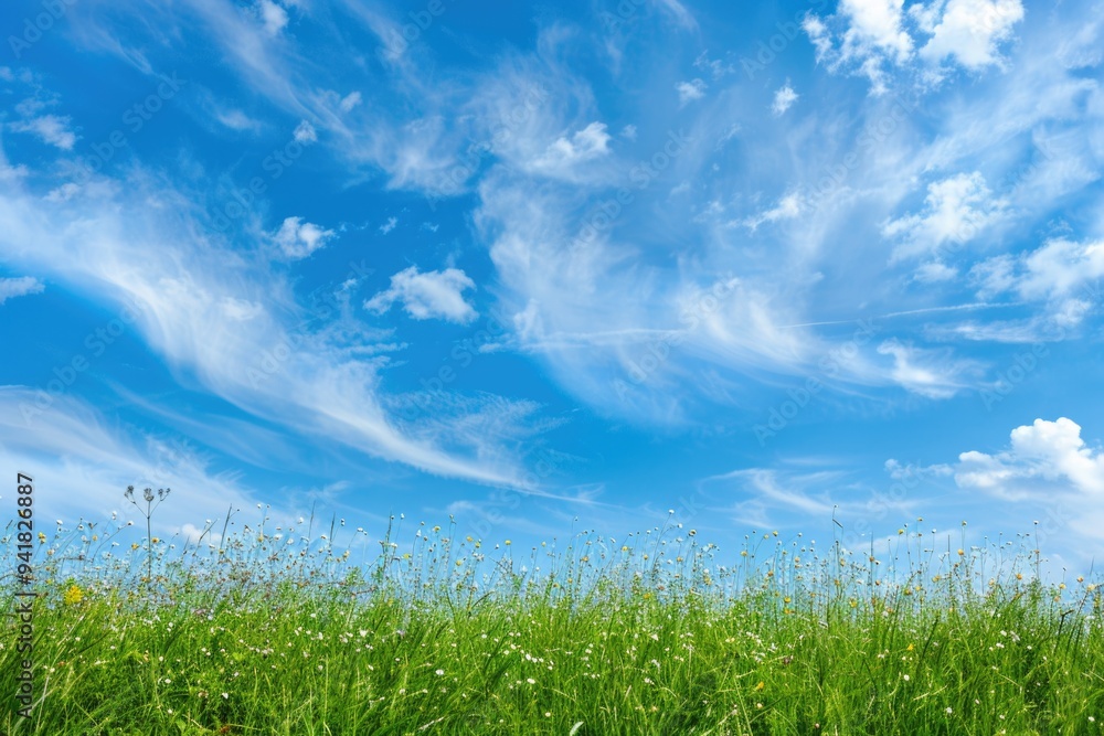 A green meadow with colorful flowers under a clear blue sky A green meadow with colorful flowers under a clear blue sky