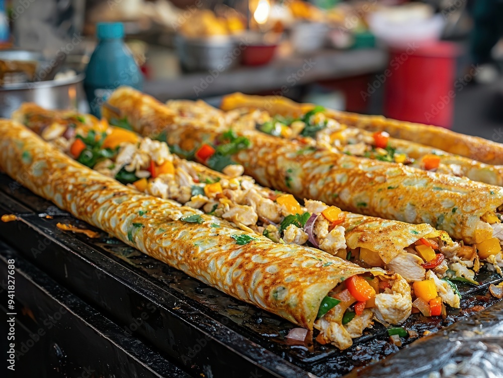 Street food scene in Thailand with sizzling chicken and vegetable crepes on a griddle, vibrant market setting in the background, rich colors and savory details Street food scene in Thailand with sizzling chicken and vegetable crepes on a griddle, vibrant market setting in the background, rich colors and savory details
