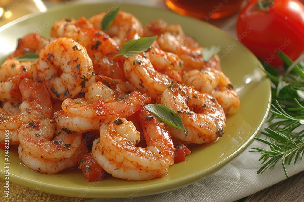 A plate of shrimp with a green leaf on top A plate of shrimp with a green leaf on top