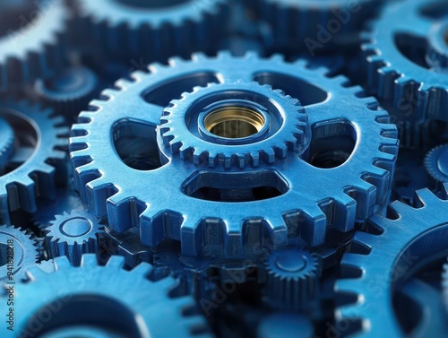 intricate 3d gear mechanism detailed rendering of interconnected blue gears symbolizing teamwork and efficiency metallic sheen dynamic motion blur and subtle background gradient