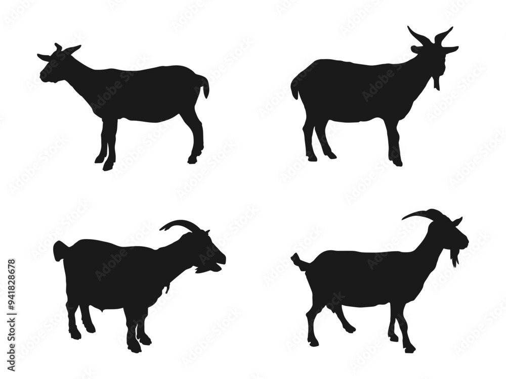 Goat silhouette icon symbol logo black design vector illustration. Goat side view in the grass. Farm goat animal logo design. vector illustration of goat. Goat silhouette isolated on white background. Goat silhouette icon symbol logo black design vector illustration. Goat side view in the grass. Farm goat animal logo design. vector illustration of goat. Goat silhouette isolated on white background.