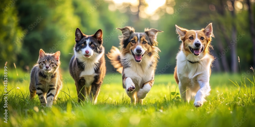 Four Paws and a Kitten Run Through the Grass, Photography, Four Animals, Green Grass, Outdoor, Pets, Animals Four Paws and a Kitten Run Through the Grass, Photography, Four Animals, Green Grass, Outdoor, Pets, Animals