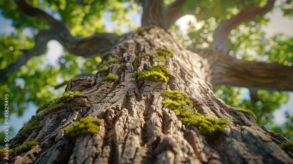 A tree trunk covered in vibrant moss, shot at a slight upward angle in a forest, showing the lush canopy and bright, clear sky above, creating a picturesque look. A tree trunk covered in vibrant moss, shot at a slight upward angle in a forest, showing the lush canopy and bright, clear sky above, creating a picturesque look.