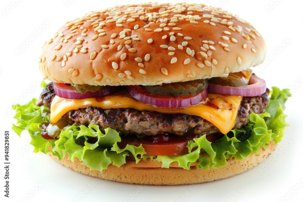Delicious cheeseburger with lettuce, tomato, onion, pickles and melted cheese on a sesame seed bun Delicious cheeseburger with lettuce, tomato, onion, pickles and melted cheese on a sesame seed bun