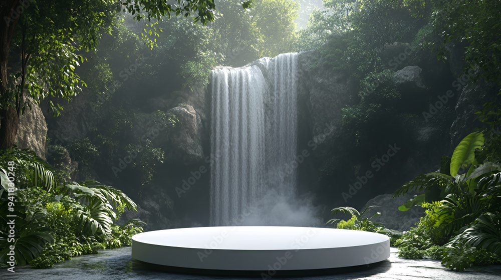 A serene waterfall surrounded by lush greenery and a circular platform. A serene waterfall surrounded by lush greenery and a circular platform.