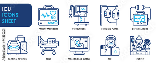 A set of line icons related to ICU. Intensive Care Unit, monitors, ventilators, infusion pumps, defibrillators, suction pumps, beds, PPE. Vector outline icons set.
