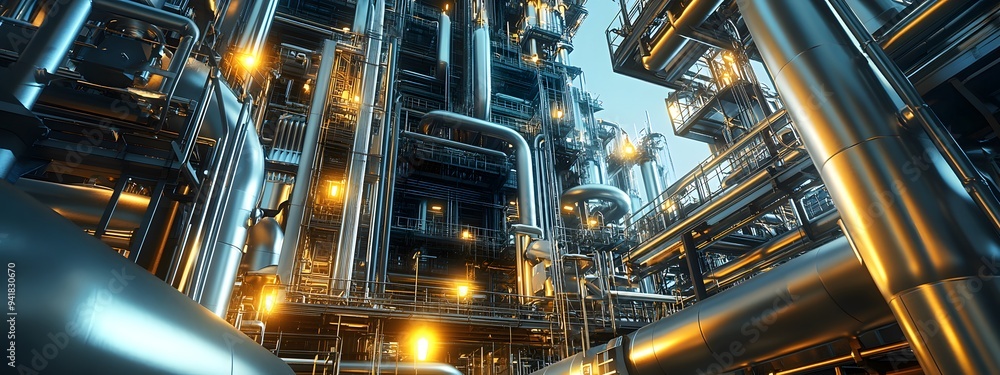 Depiction of an industrial plant with numerous pipes and machinery, showcasing the advanced technology used in oil production Depiction of an industrial plant with numerous pipes and machinery, showcasing the advanced technology used in oil production