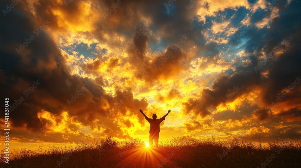 Close-up of a person on a hilltop with arms raised, silhouetted against a vibrant sunset with rays streaming through clouds Close-up of a person on a hilltop with arms raised, silhouetted against a vibrant sunset with rays streaming through clouds