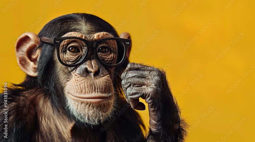 Chimpanzee Wearing Glasses and Bow Tie on Yellow Background Chimpanzee Wearing Glasses and Bow Tie on Yellow Background