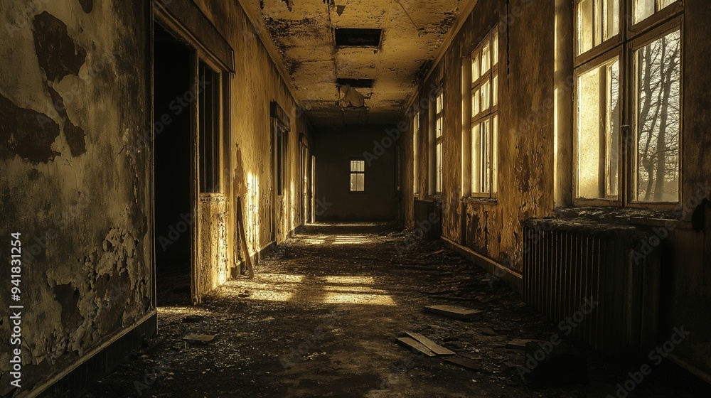 An eerie, abandoned hallway in a decaying building with peeling walls, debris, and golden sunlight streaming through broken windows. An eerie, abandoned hallway in a decaying building with peeling walls, debris, and golden sunlight streaming through broken windows.