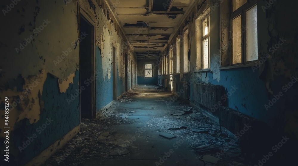 An eerie, abandoned hallway in a decaying building with peeling walls, debris, and golden sunlight streaming through broken windows. An eerie, abandoned hallway in a decaying building with peeling walls, debris, and golden sunlight streaming through broken windows.