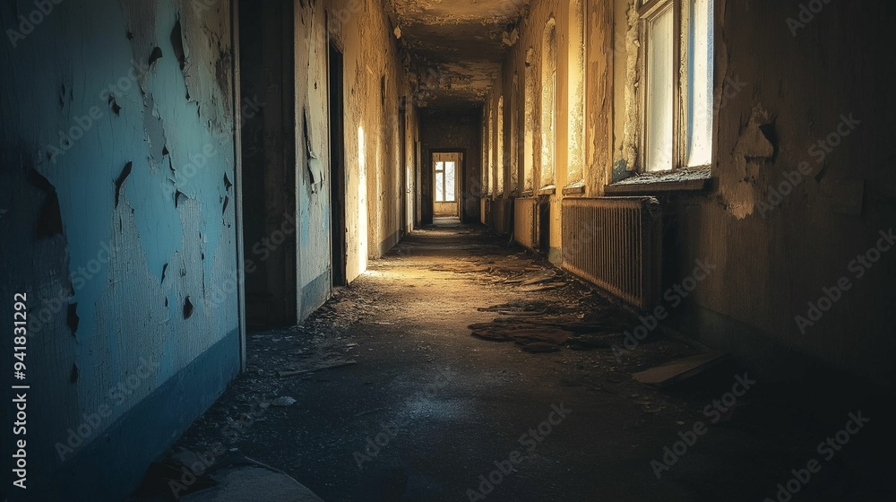 Fototapeta premium An eerie, abandoned hallway in a decaying building with peeling walls, debris, and golden sunlight streaming through broken windows.