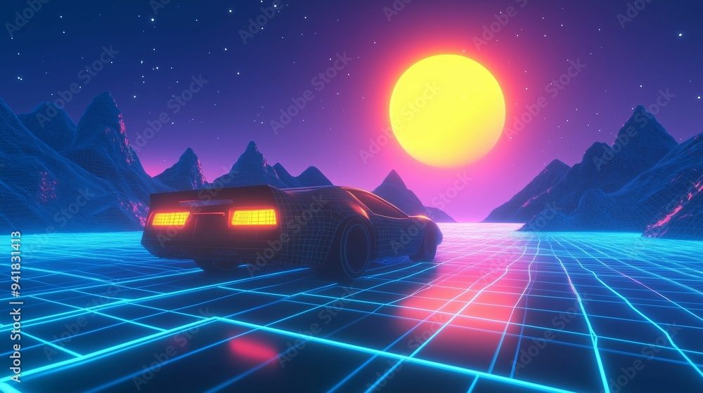 A retro-futuristic car drives on a neon grid landscape toward a glowing sun, surrounded by vibrant wireframe mountains, evoking 80s synthwave aesthetics. A retro-futuristic car drives on a neon grid landscape toward a glowing sun, surrounded by vibrant wireframe mountains, evoking 80s synthwave aesthetics.