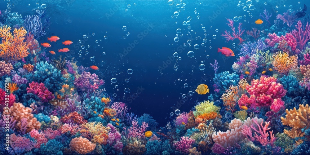 Fototapeta premium Colorful Coral Reef with Fish and Bubbles in the Ocean