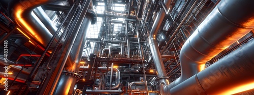 Depiction of an industrial plant with numerous pipes and machinery, showcasing the advanced technology used in oil production