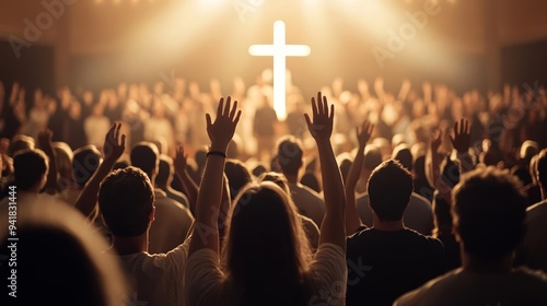 Group of Christians in an emotional worship setting, hands uplifted towards a cross bathed in bright, holy light, spiritual fervor photo