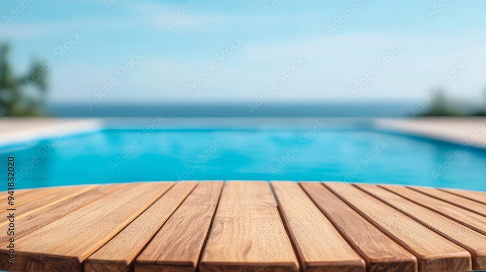Round wooden table top, sharp focus, against a soft, blurred background of a swimming pool and clear blue sky, summer ambiance Round wooden table top, sharp focus, against a soft, blurred background of a swimming pool and clear blue sky, summer ambiance