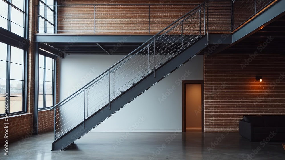 Obraz premium Industrial loft with a metal staircase and high ceilings, modern design, spacious living