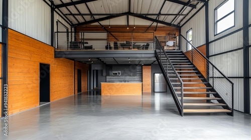 Industrial loft with a metal staircase and high ceilings, modern design, spacious living photo