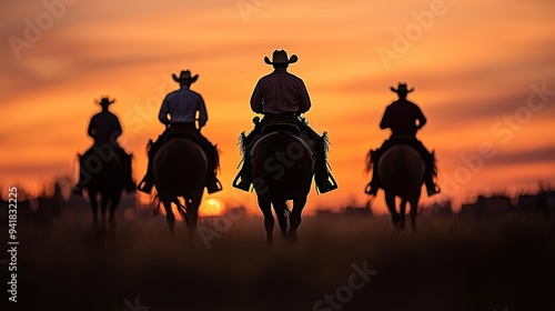 Silhouetted cowboys riding into a vibrant sunset during Calgary Stampede, the intense colors of the sky highlighting the festival's energy photo