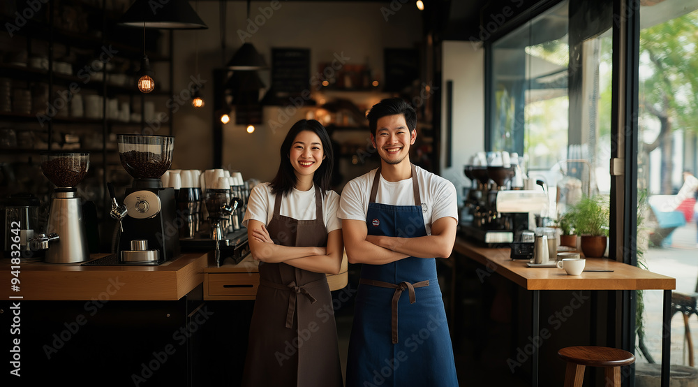 Portrait of happy young Asian barista man and woman standing with arms crossed Portrait of happy young Asian barista man and woman standing with arms crossed