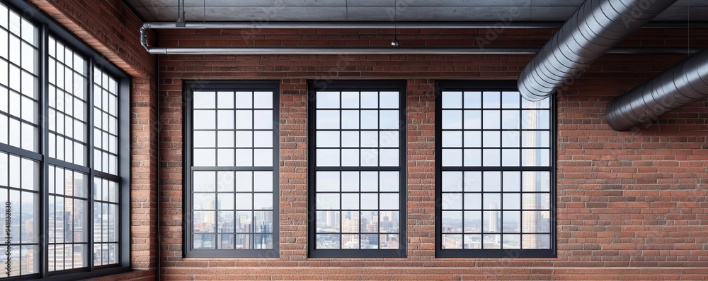 Obraz premium Industrial loft with exposed ductwork and metal-framed windows, raw materials, modern design