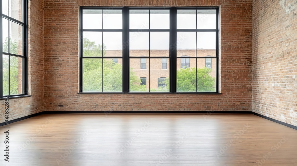 Industrial loft with exposed brick walls and large windows, natural light, urban living Industrial loft with exposed brick walls and large windows, natural light, urban living