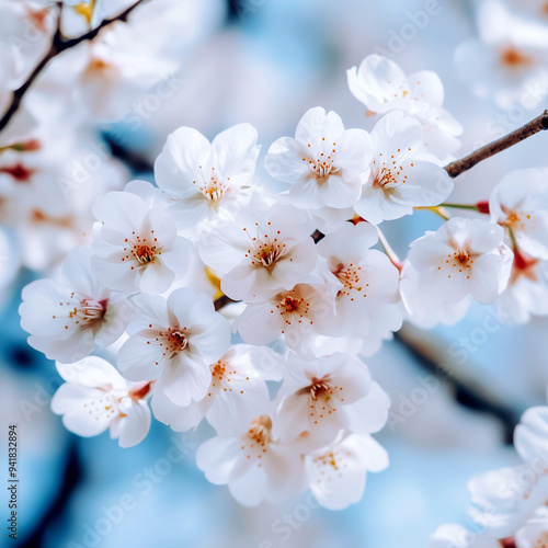 cherry tree blossom, close up photography, blue, white