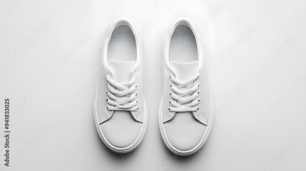 Simple White Sneakers: A pair of plain white sneakers with minimal detailing, placed side by side on a white background, with subtle shadowing.
Simple White Sneakers: A pair of plain white sneakers with minimal detailing, placed side by side on a white background, with subtle shadowing.
