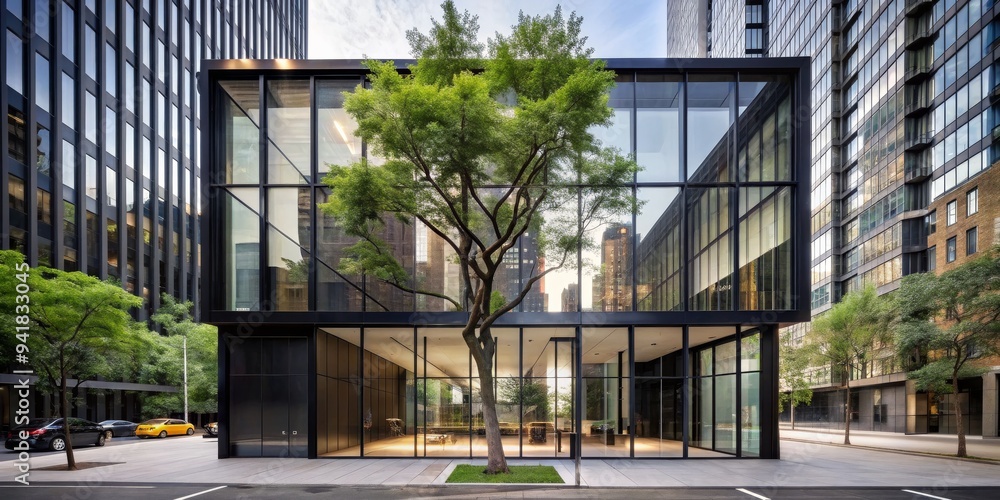 Glass Facade Reflection of Urban Landscape, Modern Architecture, Cityscape, Minimalism, Design Glass Facade Reflection of Urban Landscape, Modern Architecture, Cityscape, Minimalism, Design